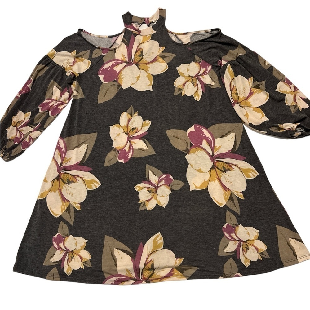 Lazy Sunday Cold Shoulders Floral Long Sleeves Tunic Dress Size Large - Picture 2 of 7